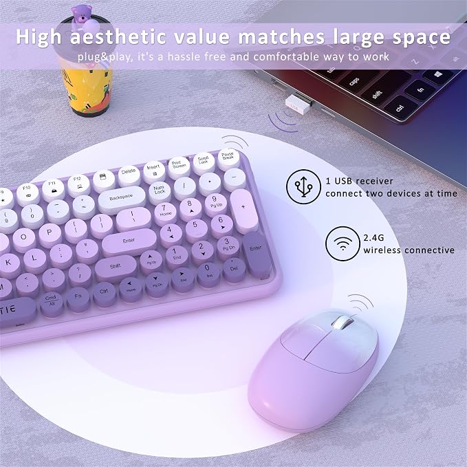 UBOTIE Wireless Keyboards and Mouse Combo (Purple Gradient) | Colorful Gradient Rainbow Color Retro Typewriter Flexible Keyboard, 2.4GHz Connection and Optical Mouse for PC Wins Mac