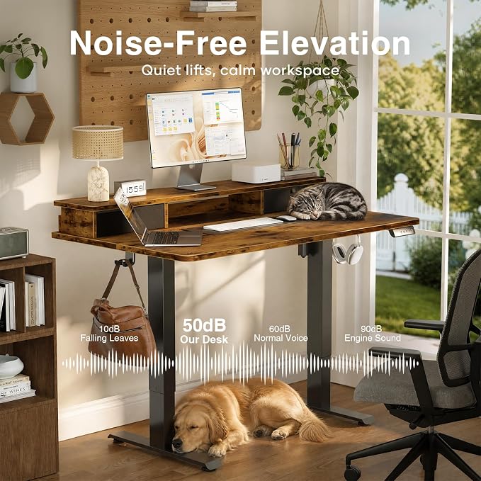 Veken 55x26 in Electric Standing Desk with Drawers, Adjustable Table, Brown | Stand up Computer Desk for Home Office, Work & Study, with Storage, 3 Memory Presets, Cable Organizer, Hook, and Quiet Lift.