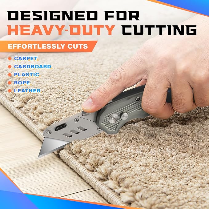 DIYSELF Folding Utility Knife with 10 Extra SK5 Blades, Quick-Change Blade & Button Lock, Box Cutter Razor Knife with Stainless Steel Head, Gifts for Men, Heavy Duty Box Knife for Cardboard Carpet PVC