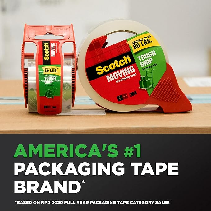 Scotch Tough Grip Moving Packing Tape, Clear, Moving Tape That Secures Boxes up to 80 Pounds, 1.88 in. x 54.6 yd., 2 Tape Rolls with 1 Dispenser | (Pack of 3)