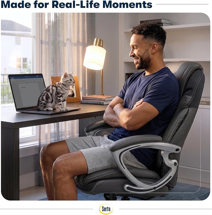 Serta Bryce Executive Office Chair - Ergonomic Computer Desk Chair with Patented AIR Lumbar Technology - Adjustable Height - Memory Foam Body Pillows - 360° Swivel Rolling Base - Bonded Leather - Gray