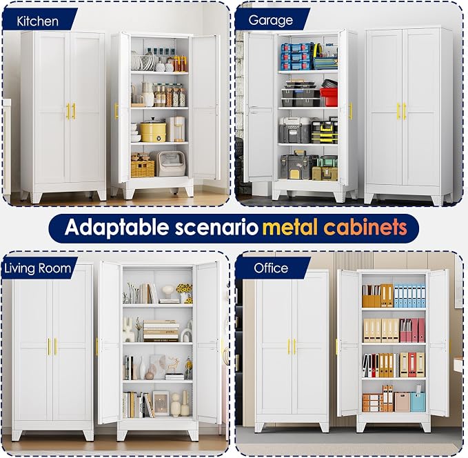 erosoei 61" H Metal Garage Storage Cabinet, Metal Pantry Cabinet with 2 Doors, Locker Steel Cabinet with 3 Adjustable Shelves, Freestanding Cupboard for Garage,Office,Home,Gym,School