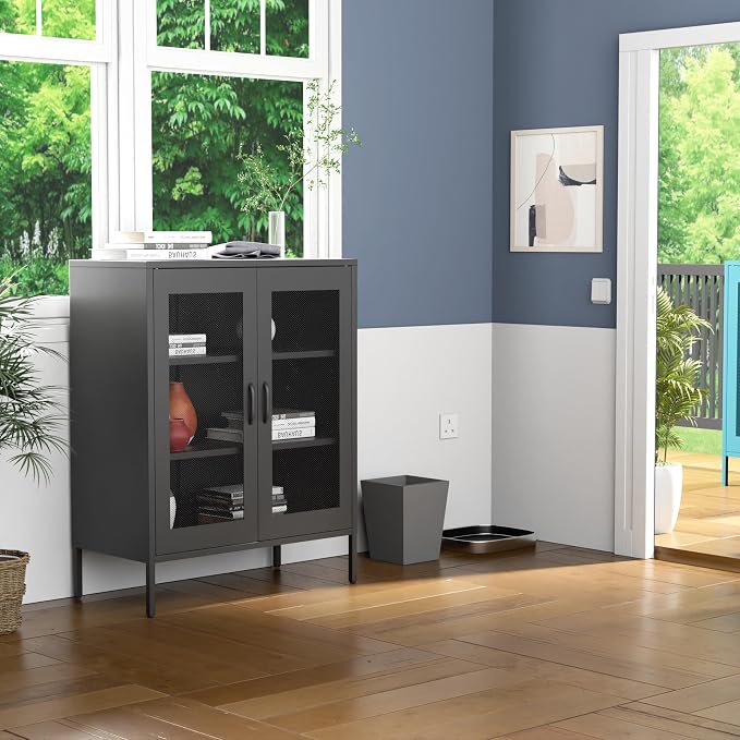Washsemba Metal Storage Cabinet with Mesh Doors and Shelves,Multipurpose Storage Rack, 3-Tier Office Cabinet,Metal Locker Style Accent for Home Office,Living Room,Kitchen (Black-mesh, 40''H)