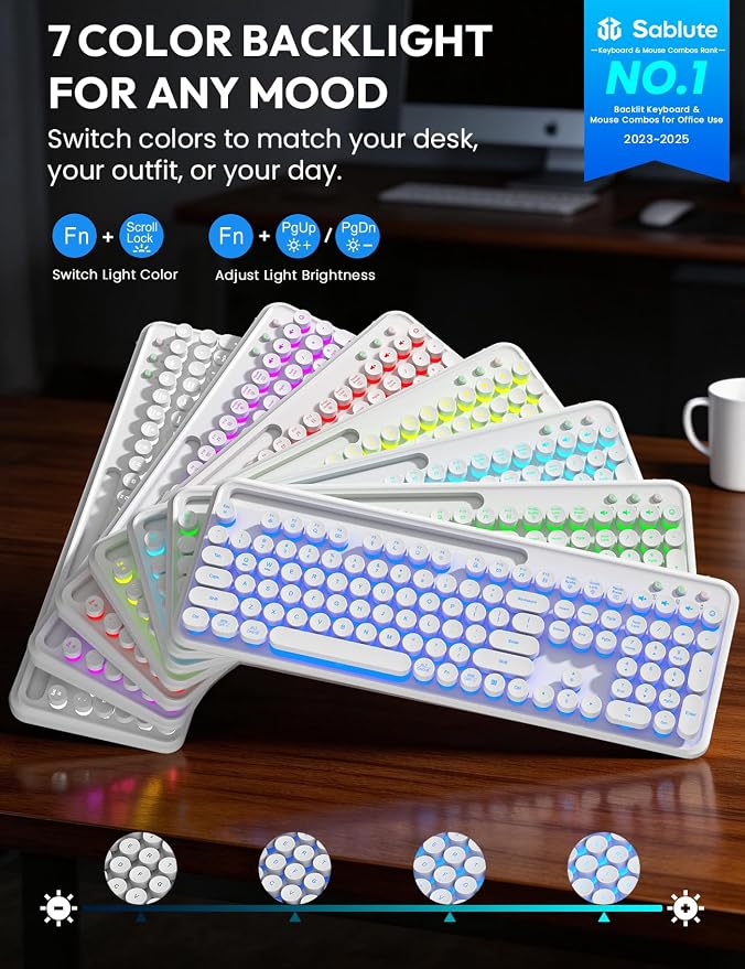 Wireless Keyboard and Mouse, Backlit Typewriter with Magnetic Wrist Rest | Phone Holder, Light Up Round Keycaps, Lighting Mouse, 2.4GHz Cordless Set for Mac, Windows, PC, Laptop, SABLUTE