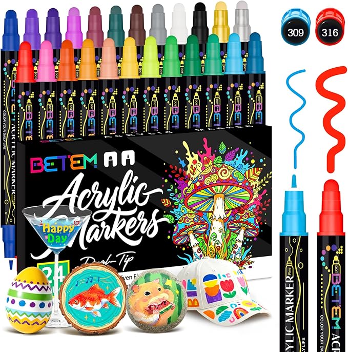 Betem 24 Colors Dual Tip Acrylic Paint Pens Markers, Fabric Decorating Kits Premium Water-Based Acrylic Paint Markers for Fabric, Rock, Wood, Glass, Eggs, Canvas, Ceramic, Easter Basket Stuffers