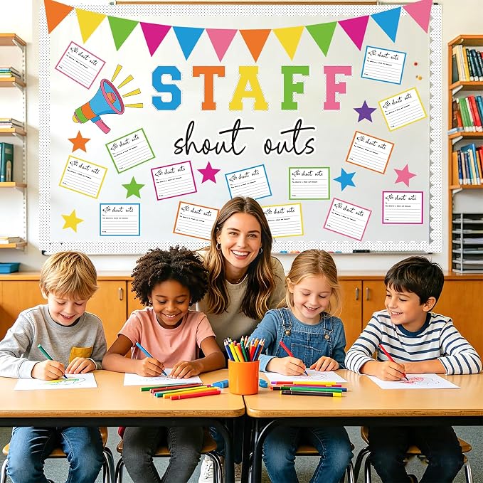 71Pcs Staff Shout Outs Bulletin Board Decorations, Staff Bulletin Board with Shout Out Cards, Appreciation Month Bulletin Boards for Classroom Office Back to School Retirement Wall Door Decor(Color)
