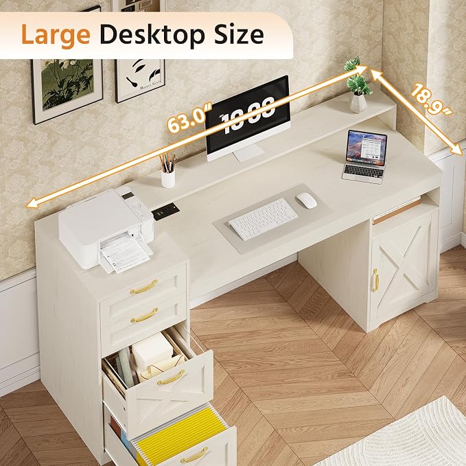 63" Farmhouse Computer Desk with 4 Drawers for Home Office, Bedroom | Executive Desk with Printer Shelf, Monitor Stand, Home Office Desks with Power Outlets, Storage Shelves, White