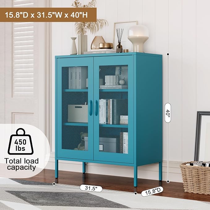 Chshin Metal Locker Storage Cabinet with 2 Mesh Doors and Adjustable Shelves,Blue Metal Locker Cabinets,Coffee Bar Cabinet,Kitchen Pantry Storage Cabinets for Home,Sideboard,Office(40" H)