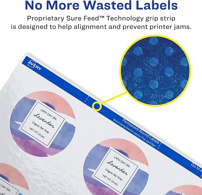 Avery Printable Round Labels with Sure Feed, 2.5" Diameter, Glossy White, 450 Customizable Labels (22830)