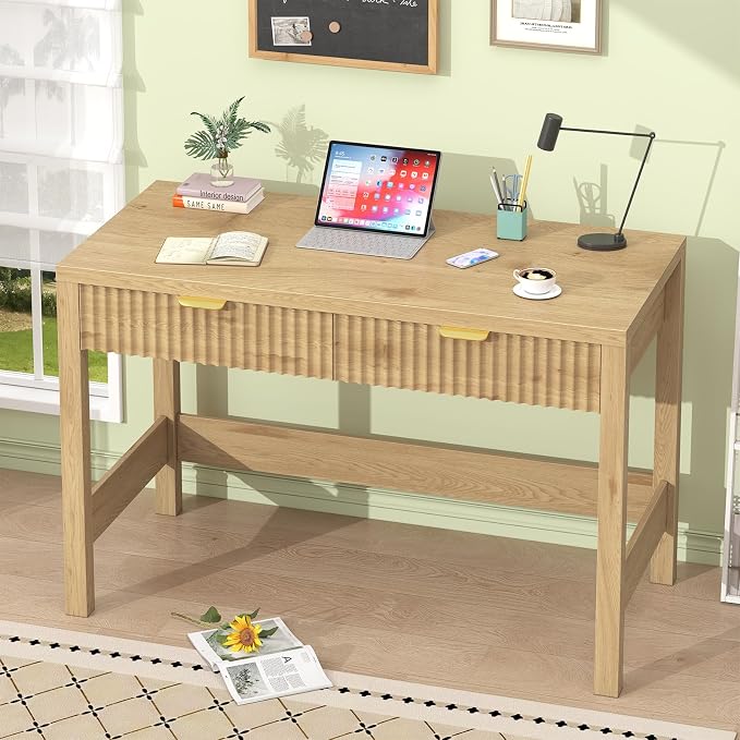 39 Inch Small Fluted Computer Desk with 2 Drawers for Bedroom, Home Office | Small Computer Desk with Storage, Compact Writing Study Desk for Small Spaces, Oak