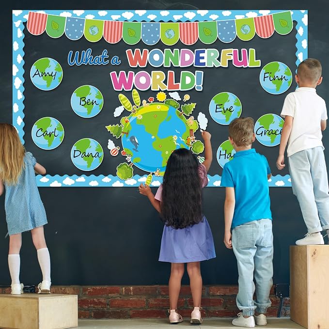 Earth Bulletin Board Set What A Wonderful World Classroom Bulletin Board Decorations Earth Name Tag Cutouts Classroom Decorations for Back to School Teachers Office Chalkboard Decor Wall Door Supplies