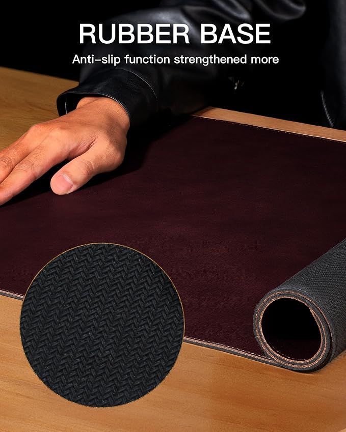 YSAGi Genuine Leather Desk Mat, 23.6"x13.8" Office Desk Pad, Thick Desk Pad Mat with Stitched Line, Non-Slip Desk Mat with Rubber Base (Red Brown, 23.6"x13.8")