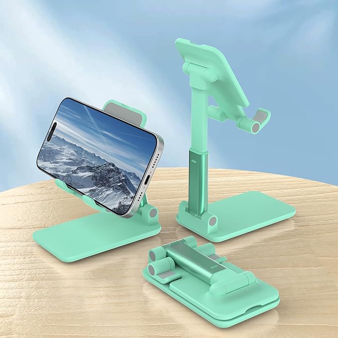 Cell Phone Stand, Adjustable Angle and Height Cell Phone Holder for Desk, Foldable and Portable, Anti-Slip Silicone Pad, Compatible with All Mobile Phones and 4-8 Inch Devices, Green