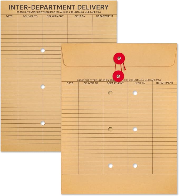 Interoffice Envelopes with String, 10" x 13" (Pack of 100) | String Tie Interdepartmental Envelopes, Sturdy 100gsm Paper