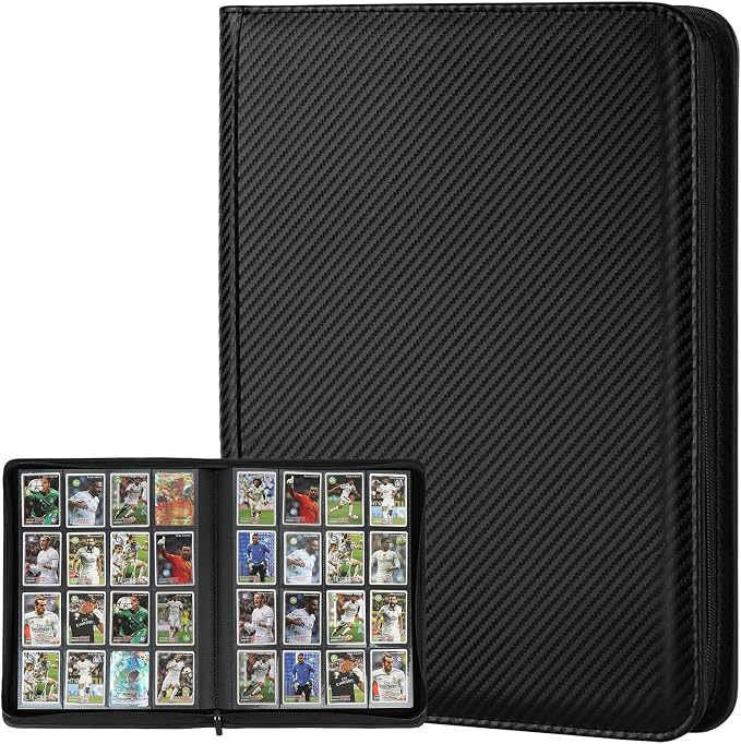 16 Pocket Ringless Side Loading Trading Card Binder, 1024 Cards PU Fixed Page Zipper Card Album for TCG Sports Game Cards, Not Fit Top Loaders (Carbon Black)
