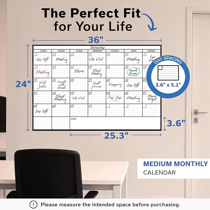 Large Dry Erase Calendar for Wall 24x36, Giant Family Office Big Reusable, Monthly Planner Erasable Month, Rolled Whiteboard White Board, 36x24 Calendar Dry Erase for Undated Wall Large Classroom