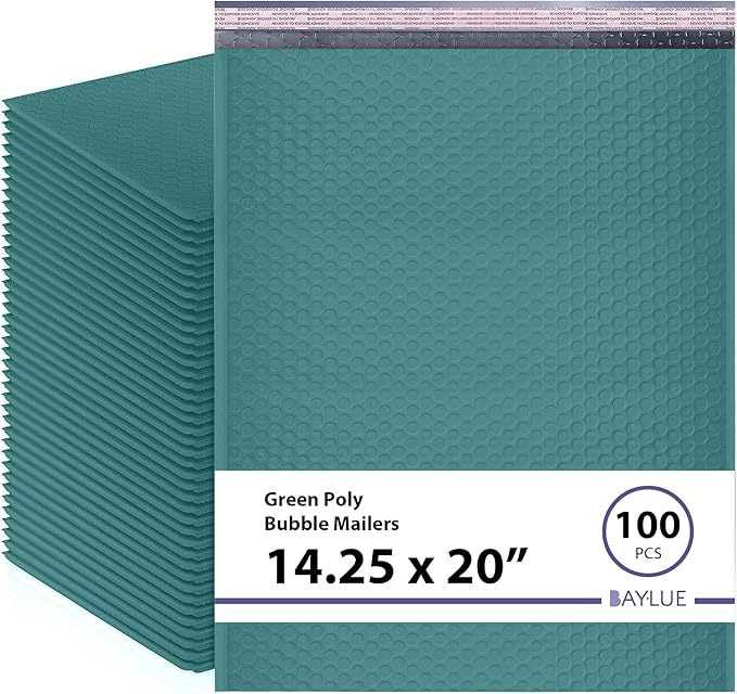 Green Poly Bubble Mailers 14.50x20 Inch #7 | Self Seal Large Padded Envelopes | Air Cushioned Bubble Mailer | Usable Size 14.25x19 Inch | Waterproof Lightweight Mailing Shipping Bags | 100 Pack