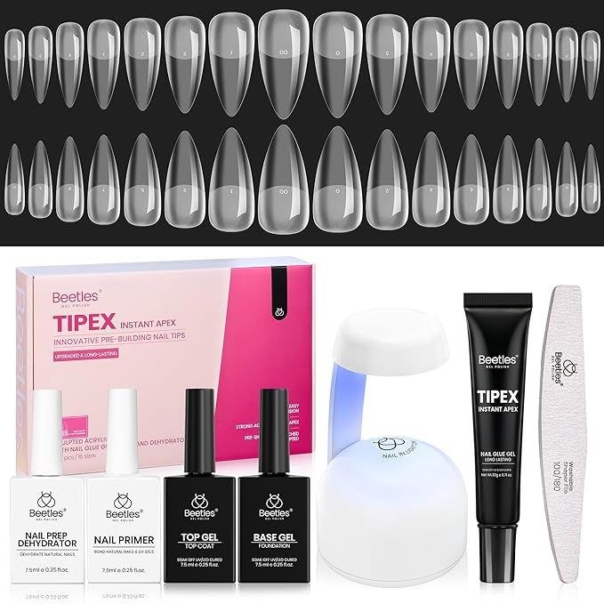 Beetles Tipex Instant Apex Nail Tips Kit with Dehydrator & Primer, Medium Stiletto, 224PCS 16 Sizes, Reinforced Apex for Strong Long-Lasting Wear, 20g Solid Nail Glue, Mini UV Lamp, Base & Top Coat