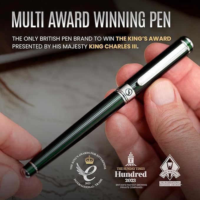 Scriveiner British Racing Green Rollerball - Stunning Luxury Pen With Chrome Finish, Schmidt Ink Refill, Best Roller Ball Pen Gift Set for Men & Women, Professional, Executive Office, Nice Pens
