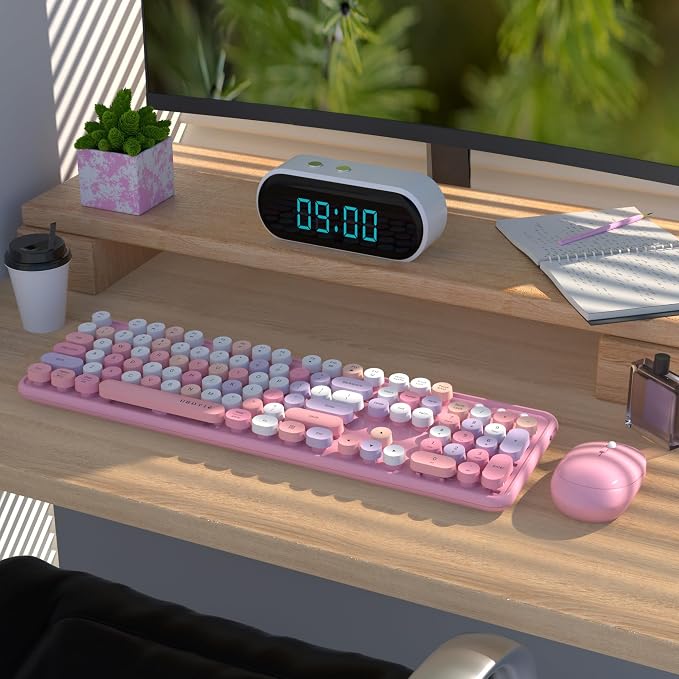 UBOTIE Colorful Wireless Keyboard and Mouse Combo (Pink-Colorful) | Retro Typewriter Floating Full-Sized Keys Computer Keyboard with Optical Mouse, 2.4GHz USB Connection for Windows Mac