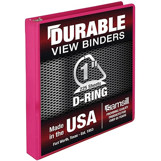 Samsill Durable 1 Inch Binder, D Ring Binder, Customizable Clear View Cover, Magenta, Holds 225 Pages