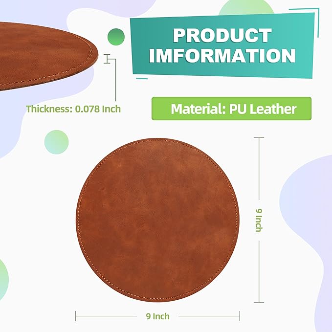 Mouse Pad，Round Mouse Pad，PU Mouse Pad，Leather Mouse Pad with Stitched Edge Micro-Fiber Base with Non-Slip Waterproof，Mouse Pad for Computers，Laptop，9 x 9 Inch (Caramel Brown)