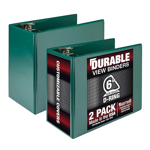 Samsill Durable 6 inch 3 Ring Binder, Locking D Ring 100% Recycled Chipboard, Green, 2 Pack