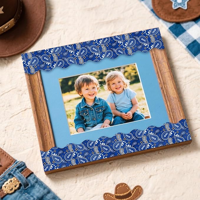 BeYumi Cowboy Bandana Border Trim - 65ft Back to School Western Themed Blue Bandana Scalloped Rolled Border Trim Wild West Themed Bulletin Board Set Classroom Office Chalkboard Wall Party Decoration