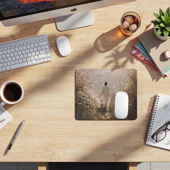 Christian Jesus with Lamb Flower Mouse Pad, Christian Jesus Gifts Mouse Pads Mousepad for Desk Office Computers Laptop, Religious Office Supplies Desk Accessories, 9.5x7.9 Inch