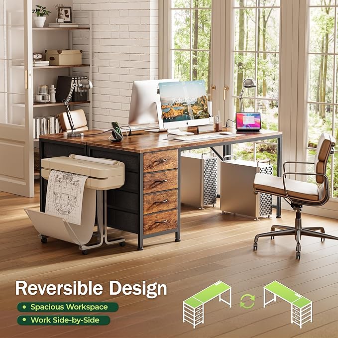 55.1 Inch Computer Office Desk with Power Outelts and USB-C Port, Reversible Gaming Desk with 4 Fabric Drawers, Work Study Desk Work from Home, Rustic Brown