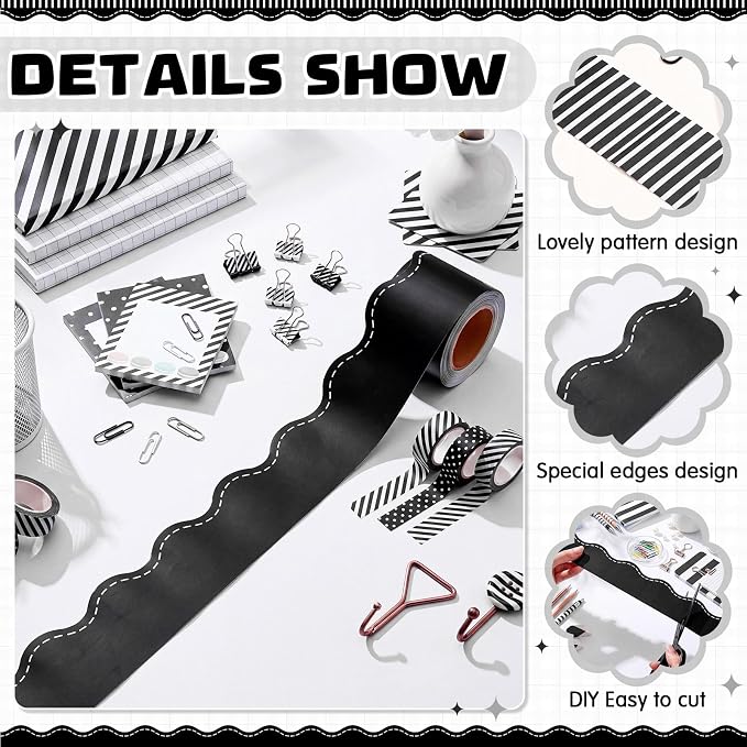 2 Rolls 65.6ft Black Striped Bulletin Board Borders Decoration Scalloped and Straight Edge Black Bulletin Borders Board Trim for Office School Classroom Chalkboard Party Decoration