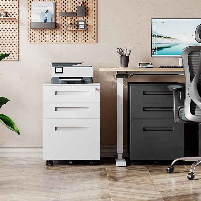 DEVAISE 3 Drawer File Cabinet with Lock, Fully Assembled Except Casters | Under Desk Metal Filing Cabinet with Wheels for Home Office, Printer Stand fits Letter/Legal/A4 Size, White