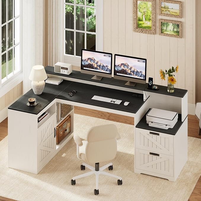 63" Farmhouse L Shaped Desk with Drawers and Printer Stand for Home Office | Computer Desk with Power Outlet, Home Office Desk with Storage Shelves and Monitor Stand, Black and White