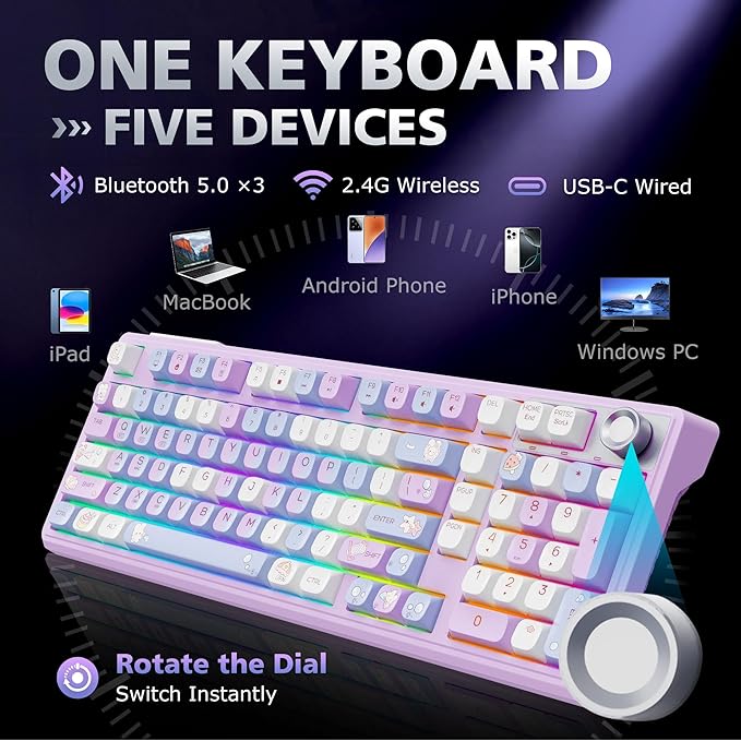 F98 Wireless Mechanical Keyboard 98%, RGB Backlit Creamy Keyboard with Number Pad & Knob, Hot Swappable 5-Pin, PBT Keycaps, Quiet Thocky Creamy Sound, Tri-Mode BT/2.4G/USB-C for Mac & PC, Pink
