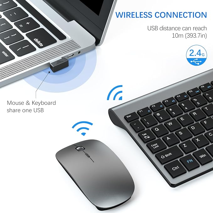 Wireless Keyboard and Mouse Ultra Slim Combo, TopMate - Gray Black | 2.4G Silent Compact 2400DPI Mouse and Scissor Switch Keyboard Set with Cover, Batteries Included, for PC/Laptop/Windows/Mac