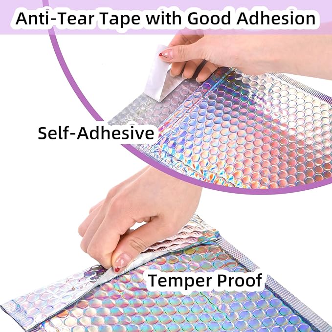 50 Pieces Metallic Bubble Mailers, Self-Seal Poly Padded Envelopes, Waterproof Holographic Bubble Shipping Envelopes for Mailing, Packing, Small Business, Christmas Gifting