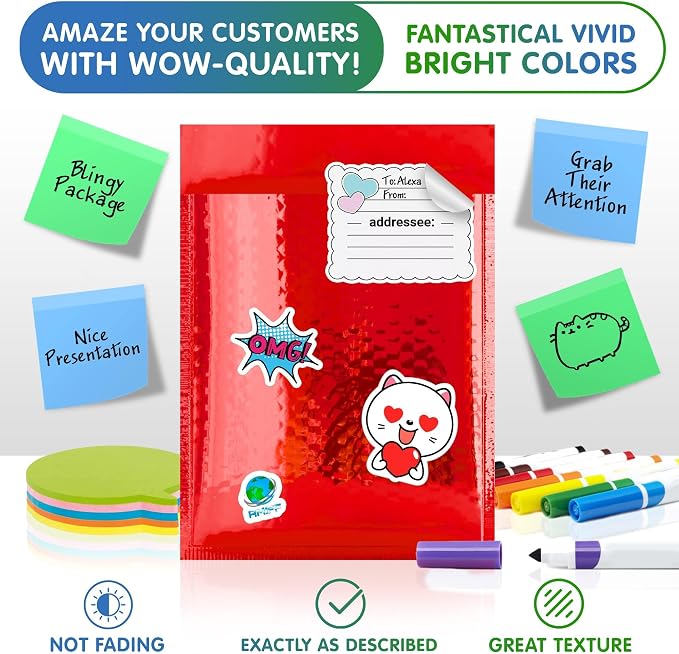 Glamour Metallic Bubble Mailers 6.5 x 9 Inches Red, 100 Pack Padded Envelopes for Shipping, Mailing, Packaging Protection