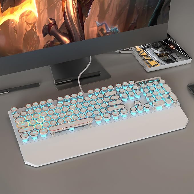 MageGee Typewriter Mechanical Gaming Keyboard, Retro Punk White Round Keycaps, 104 Keys LED Blue Backlit Wired Keyboards for Laptop MAC PC Gamer, with Magnetic Wrist Rest, Blue Switch