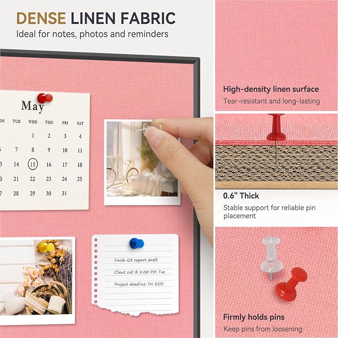 Whiteboard Bulletin Board Combo, 24"x18" Dry Erase Linen Cork Board | Magnetic, Black Aluminum Frame, Pink Linen Pin Board, Wall Mount, Vertical & Horizontal, for Home Office Kitchen Dorm