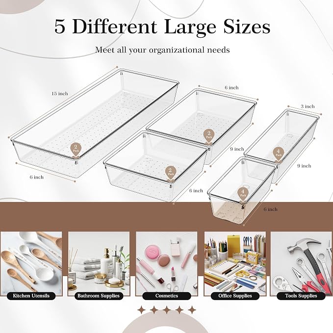 14 PCS Clear Plastic Drawer Organizer Set - 5 Large Size Versatile Kitchen and Bathroom Organizer Trays, Non-Slip Storage Bins for Makeup, Utensils, Tool and Office Desk