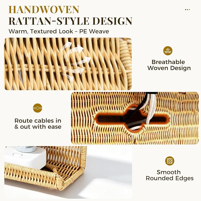 Handmade Rattan Under Desk Cable Management Tray 2 Pack, Natural | Easy Install with Adhesive or Screws, 33"Cord Organizer with 5M Cable Ties for Office Home, Effortless Wire Management