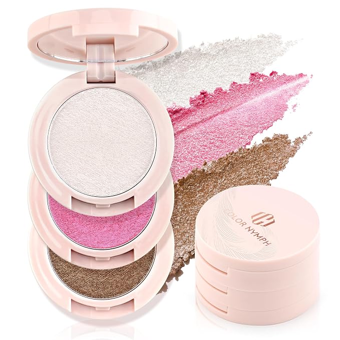 Color Nymph Blush and Highlighter Palette, 3 in 1 Contour Palette | Stackable Travel Makeup Kit, Long-Lasting, Lightweight & Buildable Shimmer Powder for a Glowing Look, Includes Brush & Mirror