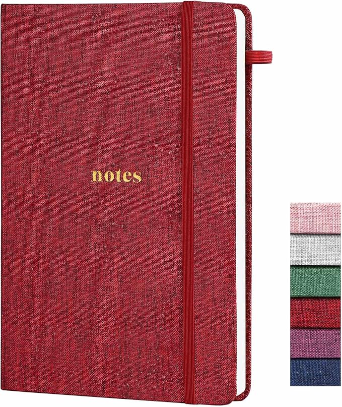 A5 Lined Journal Notebook, Fabric Hardcover | 100GSM Paper 160 Pages, 5.7"x8.39" College Ruled Journaling, Elastic Band & Pen Loop, for Work, School Note Taking (Red)
