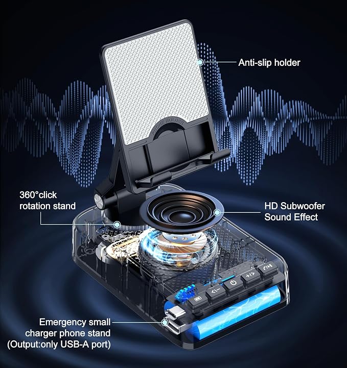 Gifts for Men Women, Phone Stand with Bluetooth Speaker and Charging Function 360° Rotable Angle Adjustable Cell Phone Holder with HD Stereo Sound Fits All Phones,Tablet (Black)
