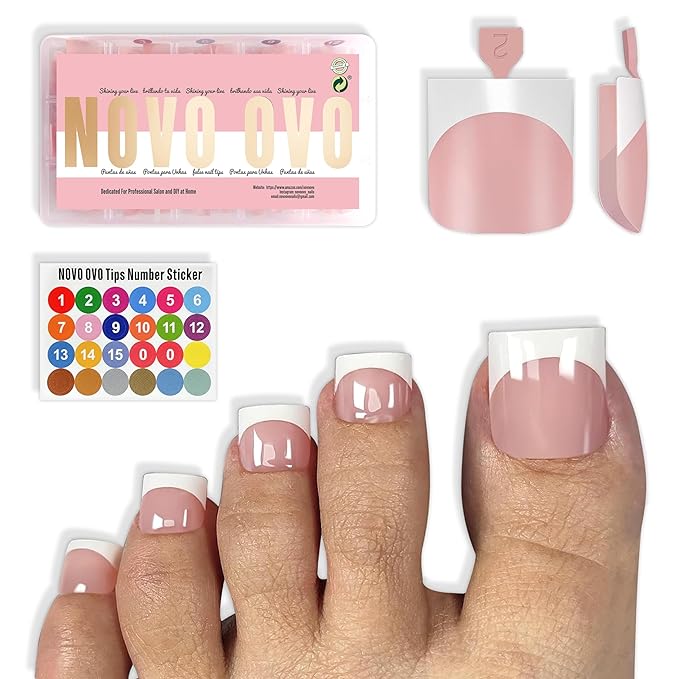 NOVO OVO Press on Toenails, Toe Nail Press ons for Women, White French Tip Sharp Square Pre-Designed Soft Gel Thick False Toenail Extension, BABY PINK Full Cover Acrylic for DIY x 15 Sizes 150 pcs