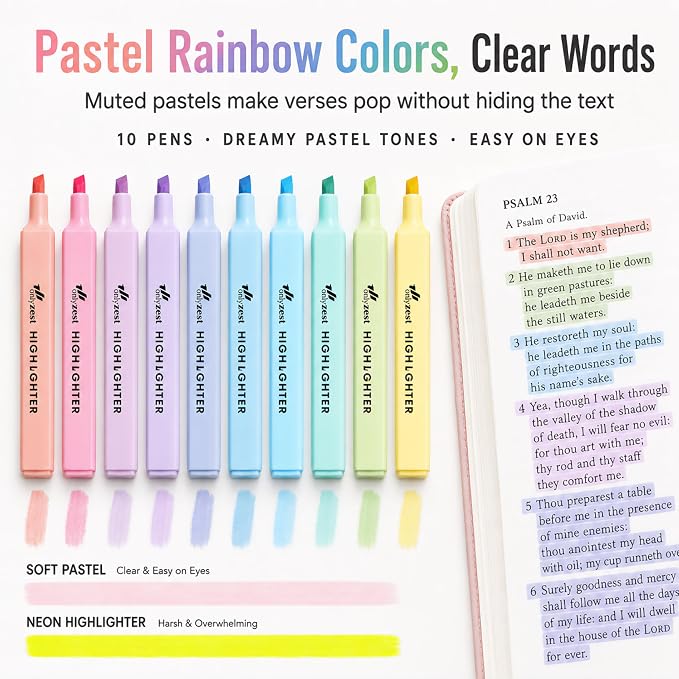 10 Aesthetic Bible Highlighters - Chisel Tip Liquid Ink Marker | Pen with Snap Caps for Clean Highlighting - Assorted Colors, No Bleed & Quick Dry - Bible Marker for Journaling & Studying
