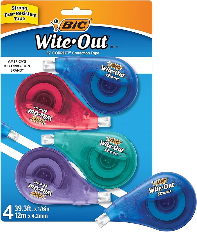 BIC Wite-Out Brand EZ Correct Correction Tape, 39.3 feet, 4-Count Pack of White Correction Tape, Fast, Clean and Easy to Use Tear-Resistant Tape Office or School Supplies