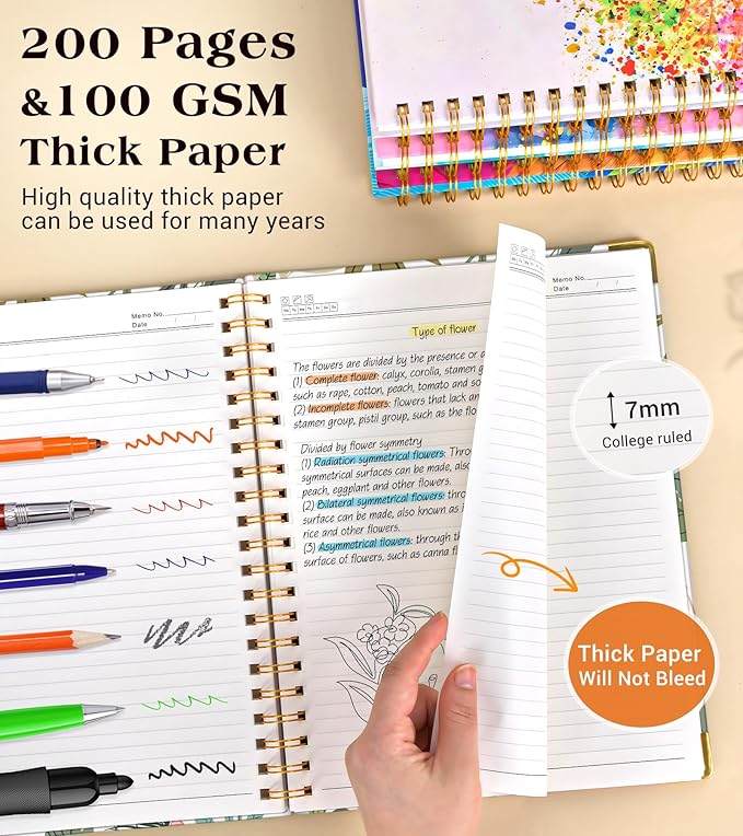 Lined Spiral Notebook Journal for Women, 150 Pages Aesthetic Notebooks 5.75” x 8.38”, A5 Hardcover Spiral Journals with 100 GSM Thick Paper, Cute College Ruled Notebook for Writing Work School, Colorful Botanicals