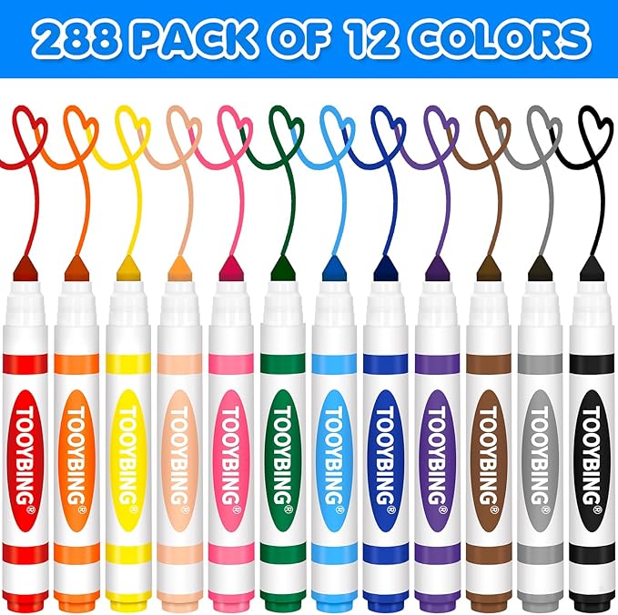 Washable Markers Bulk (288 Count), 12 Assorted Colors, Washable Markers for Kids Classroom School, Broad Tip Durable for Back to Classroom Art School Supplies Essentials