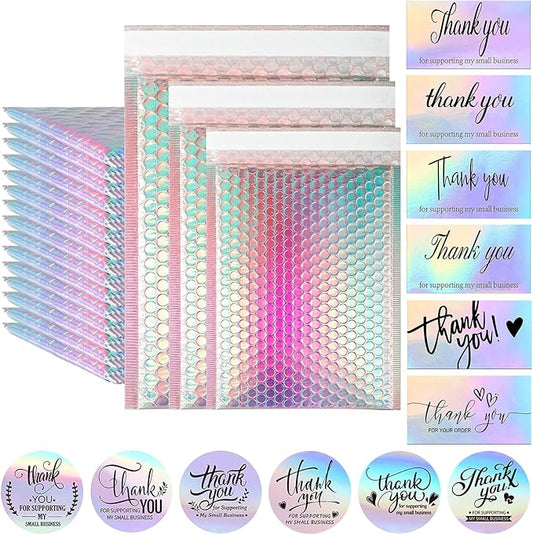 50 Pcs Metallic Bubble Mailers,With Thank You Cards and Stickers,Holographic Bubble Mailers,Self Seal Poly Padded Envelopes,Adhesive Shipping Bag,Cushion Envelopes for Mailing Small Business